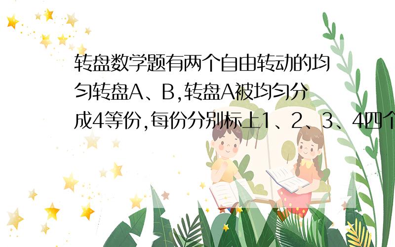 转盘数学题有两个自由转动的均匀转盘A、B,转盘A被均匀分成4等份,每份分别标上1、2、3、4四个数字；转盘B被均匀分成6等份,每份分别标上1、2、3、4、5、6六个数字,有人为甲乙两人设计了一