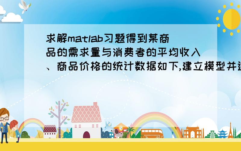 求解matlab习题得到某商品的需求量与消费者的平均收入、商品价格的统计数据如下,建立模型并进行预测平均收入为1000,价格为6时的商品需求量.需求量 100 75 80 70 50 65 90 100 110 60 收入 1000 600 120