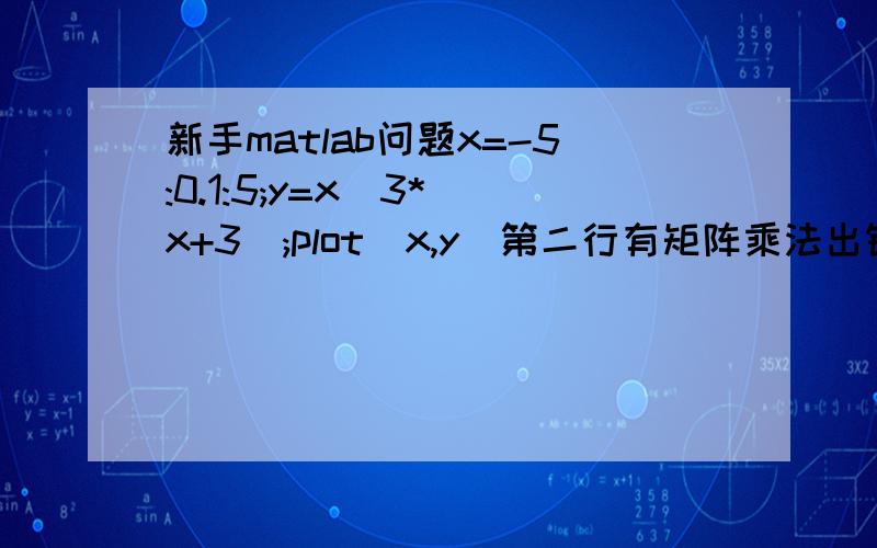 新手matlab问题x=-5:0.1:5;y=x^3*(x+3);plot(x,y)第二行有矩阵乘法出错的问题,我只想画出函数y的曲线.