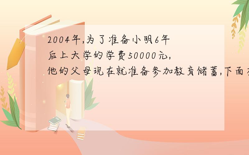 2004年,为了准备小明6年后上大学的学费50000元,他的父母现在就准备参加教育储蓄,下面有两种储蓄方式：1.直接存入一个6年期2.先存一个3年期,3年后将本利和自动转存已知3年定期储蓄的年利率