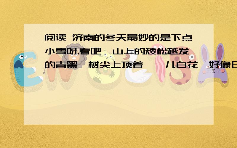 阅读 济南的冬天最妙的是下点小雪呀.看吧,山上的矮松越发的青黑,树尖上顶着一髻儿白花,好像日本看护妇.山尖全白了,给蓝天镶上一道银边.山坡上,有的地方雪厚点,有的地方草色还露着,这