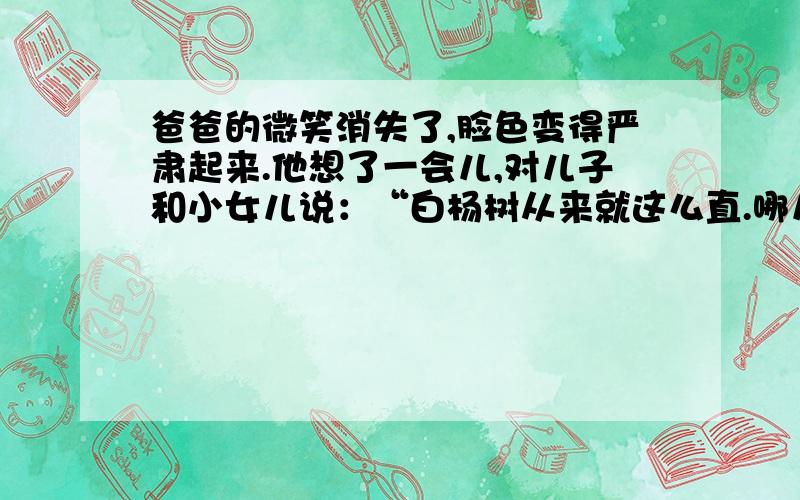 爸爸的微笑消失了,脸色变得严肃起来.他想了一会儿,对儿子和小女儿说：“白杨树从来就这么直.哪儿需要它,它就在哪儿很快地生根发芽,长出粗壮的枝干.不管遇到风沙还是雨雪,不管遇到干