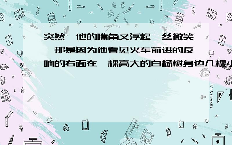 突然,他的嘴角又浮起一丝微笑,那是因为他看见火车前进的反响的右面在一棵高大的白杨树身边几棵小树正迎着风沙成长起来的含义