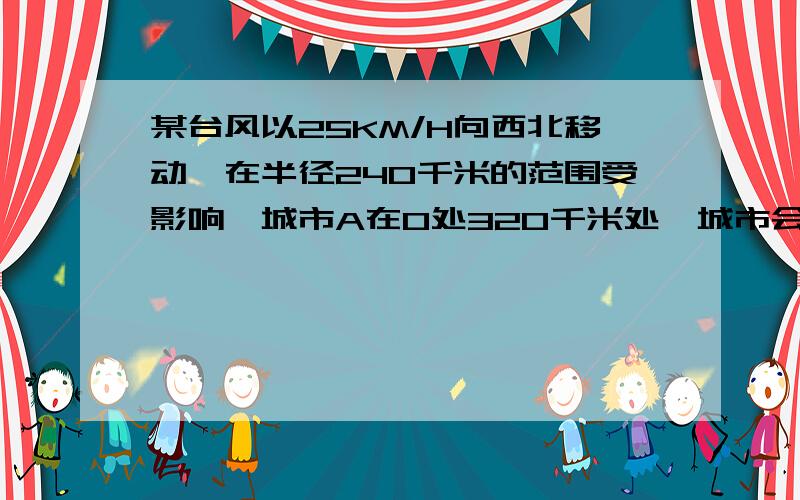 某台风以25KM/H向西北移动,在半径240千米的范围受影响,城市A在O处320千米处,城市会不会受影响,O是台风中心,受影响,为多少小时