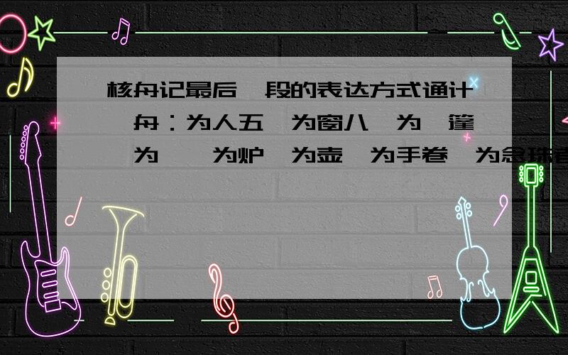 核舟记最后一段的表达方式通计一舟：为人五,为窗八,为箬篷,为楫,为炉,为壶,为手卷,为念珠者各一；对联、题名并篆文,为字共三十有四；而计其长曾不盈寸.盖简桃核修狭者为之.技亦灵怪矣