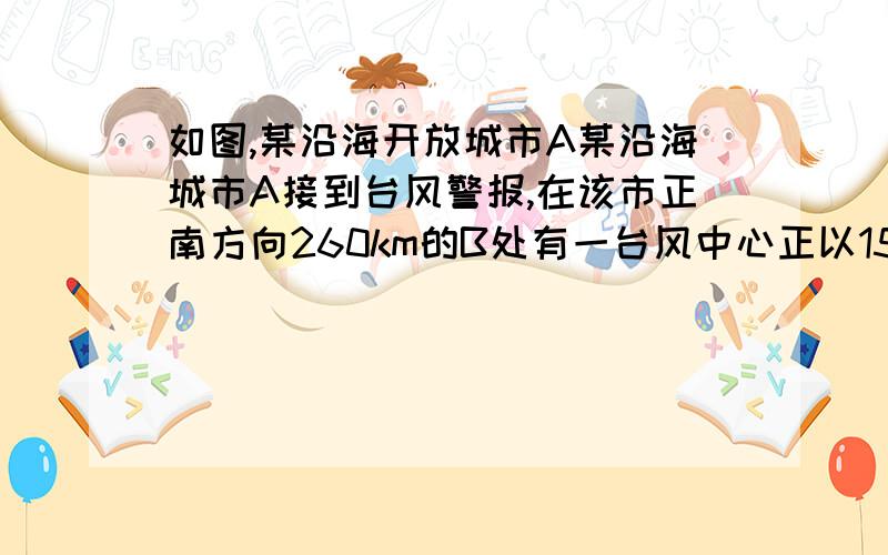 如图,某沿海开放城市A某沿海城市A接到台风警报,在该市正南方向260km的B处有一台风中心正以15km/h的速度向D移动,已知城市A到BC的距离AD=100km如果在距台风中心30km的圆形区域内都有受到台风破