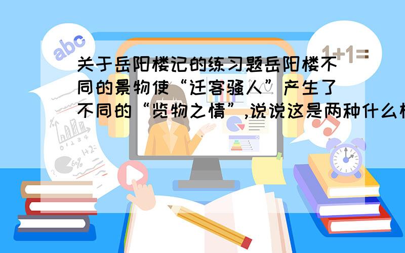 关于岳阳楼记的练习题岳阳楼不同的景物使“迁客骚人”产生了不同的“览物之情”,说说这是两种什么样的人?从《岳阳楼记》全文来看,“二者之为”产生的原因是什么?（各用8个字作答）