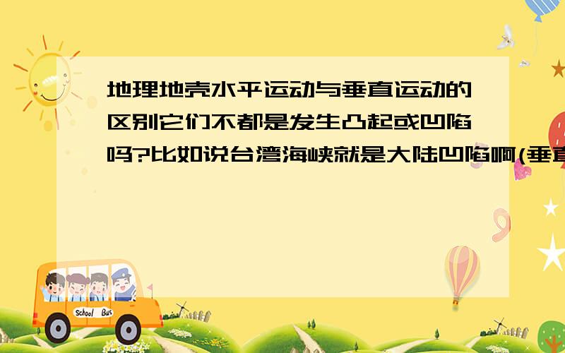 地理地壳水平运动与垂直运动的区别它们不都是发生凸起或凹陷吗?比如说台湾海峡就是大陆凹陷啊(垂直运动产生),东非大裂谷也是凹陷啊(水平运动产生).究竟怎么区分啊?头都大了,糊涂了!