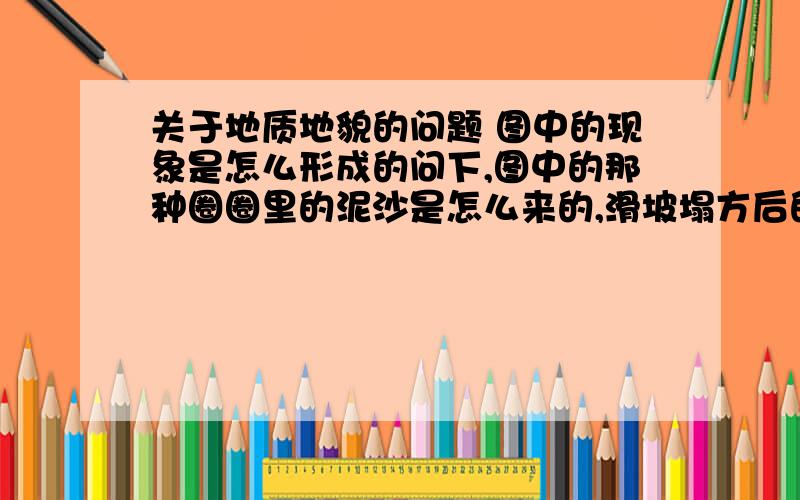 关于地质地貌的问题 图中的现象是怎么形成的问下,图中的那种圈圈里的泥沙是怎么来的,滑坡塌方后的痕迹吗?为什么是上面一小股下面就摊开来了?把它放平了像不像冲积的三角洲?为什么会