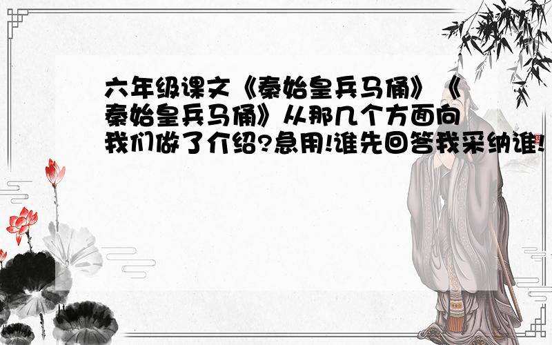 六年级课文《秦始皇兵马俑》《秦始皇兵马俑》从那几个方面向我们做了介绍?急用!谁先回答我采纳谁!