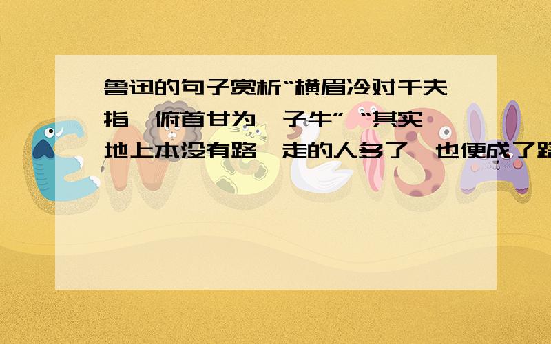 鲁迅的句子赏析“横眉冷对千夫指,俯首甘为孺子牛” “其实地上本没有路,走的人多了,也便成了路.” 解释要成句子