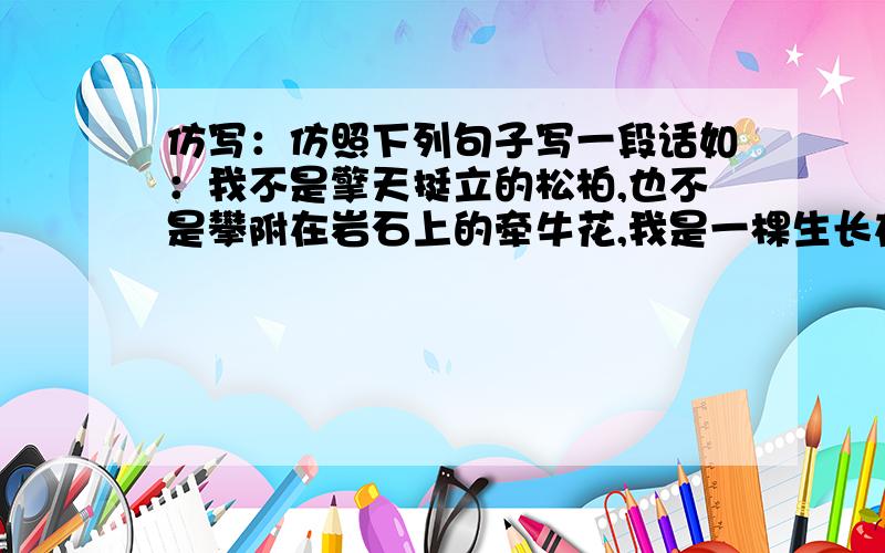 仿写：仿照下列句子写一段话如：我不是擎天挺立的松柏,也不是攀附在岩石上的牵牛花,我是一棵生长在大地母亲怀抱中的一棵小草——拥有一抹新绿,守候一份阳光.用“我不是.,也不是.,我