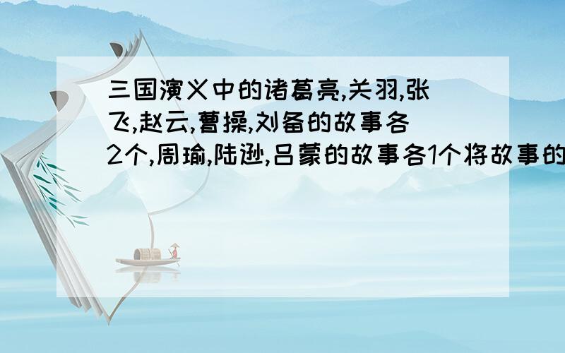 三国演义中的诸葛亮,关羽,张飞,赵云,曹操,刘备的故事各2个,周瑜,陆逊,吕蒙的故事各1个将故事的起因经过结果写清楚,不少于80字.谢谢