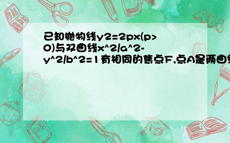 已知抛物线y2=2px(p>0)与双曲线x^2/a^2-y^2/b^2=1有相同的焦点F,点A是两曲线的一个焦点,且AF垂直X轴求双曲线的离心率