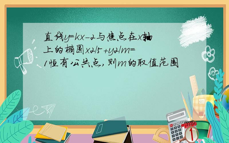 直线y=kx-2与焦点在x轴上的椭圆x2/5+y2/m=1恒有公共点,则m的取值范围