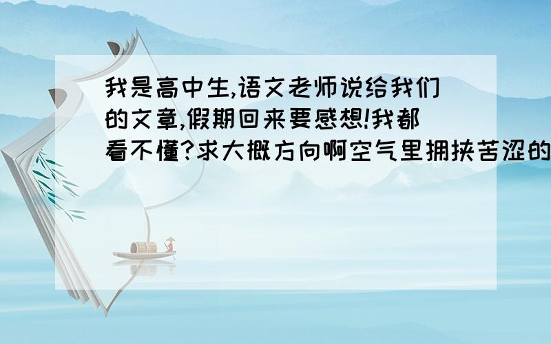 我是高中生,语文老师说给我们的文章,假期回来要感想!我都看不懂?求大概方向啊空气里拥挟苦涩的压抑.我知道天空开始要下雨,也正如我的眼眸在犯困.这音乐有点乱,我听得有点混.臆想,那年