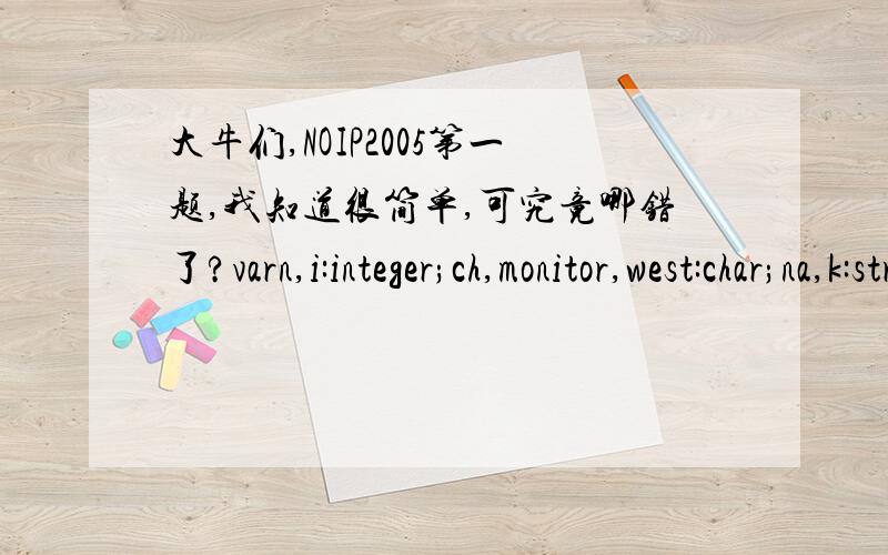 大牛们,NOIP2005第一题,我知道很简单,可究竟哪错了?varn,i:integer;ch,monitor,west:char;na,k:string;max,total,s,paper,score1,score2:integer;beginread(n);for i:=1 to n dobegins:=0;na:='';read(ch);while(ch' ') dobeginna:=na+ch;read(ch);en