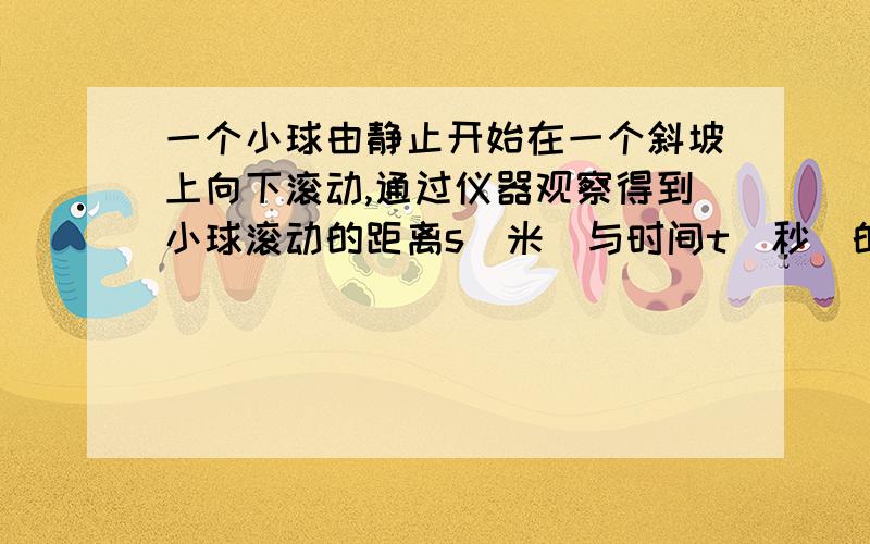 一个小球由静止开始在一个斜坡上向下滚动,通过仪器观察得到小球滚动的距离s(米)与时间t(秒)的数据如下表:写出用t表示s的函数关系式________________________________ 如果将3t时的距离改为10，4t时