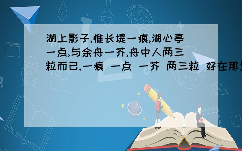 湖上影子,惟长堤一痕,湖心亭一点,与余舟一芥,舟中人两三粒而已.一痕 一点 一芥 两三粒 好在那里 急