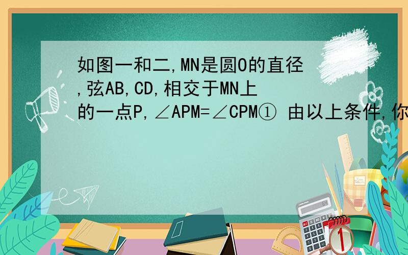 如图一和二,MN是圆O的直径,弦AB,CD,相交于MN上的一点P,∠APM=∠CPM① 由以上条件,你认为AB和CD的大小关系是什么?请说明理由.②若交点P在圆的外部,上述结论是否成立?若成立,加以证明.若不成立,