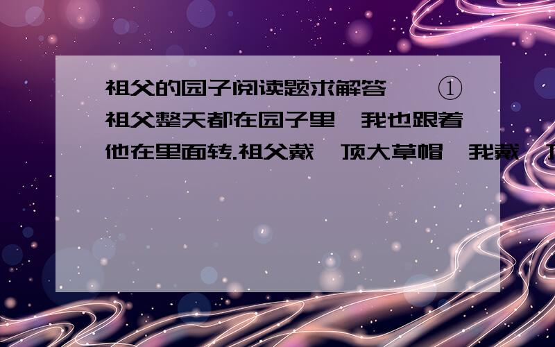 祖父的园子阅读题求解答　　①祖父整天都在园子里,我也跟着他在里面转.祖父戴一顶大草帽,我戴一顶小草帽；祖父栽花,我就栽花；祖父拔草,我就拔草.祖父种小白菜的时候,我就在后边,用