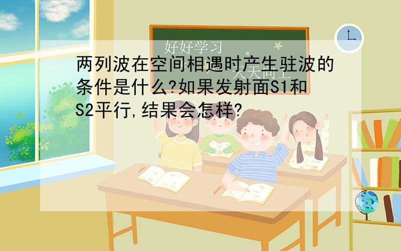 两列波在空间相遇时产生驻波的条件是什么?如果发射面S1和S2平行,结果会怎样?