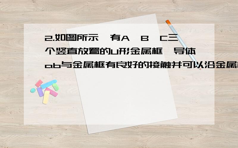 2.如图所示,有A、B、C三个竖直放置的U形金属框,导体ab与金属框有良好的接触并可以沿金属框自由滑动,放在图示磁场中,当三个金属框中的导体ab在同一高度同时下滑时,有（  ）.A.A框中导线最