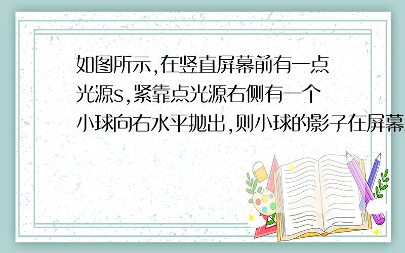 如图所示,在竖直屏幕前有一点光源s,紧靠点光源右侧有一个小球向右水平抛出,则小球的影子在屏幕上的运动情况是（ ）A.匀速运动B.自由落体运动C.变加速直线运动D.无法确定