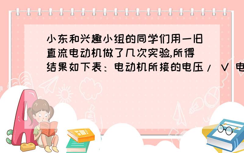 小东和兴趣小组的同学们用一旧直流电动机做了几次实验,所得结果如下表：电动机所接的电压/ V 电机工作状态 通过电动机的电流/ A1.0 不转动 2.02.0 正常转动 1.0求（1）电动机线圈的电阻多