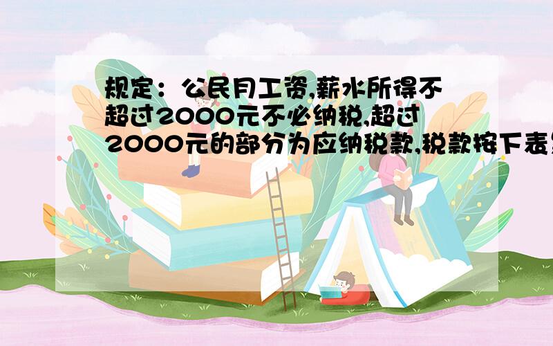 规定：公民月工资,薪水所得不超过2000元不必纳税,超过2000元的部分为应纳税款,税款按下表累加计算.不超过500元,5% 超过500元至2000元部分,10% 超过2000至5000元部分,15% （1）某人某月工资、薪水