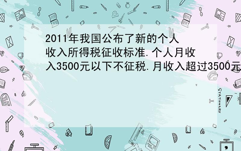 2011年我国公布了新的个人收入所得税征收标准.个人月收入3500元以下不征税.月收入超过3500元,超过部分按以下标准征税.不超过1500元的 3%超过1500元至4500元的部分 10%李叔叔每月的收入是4000元,