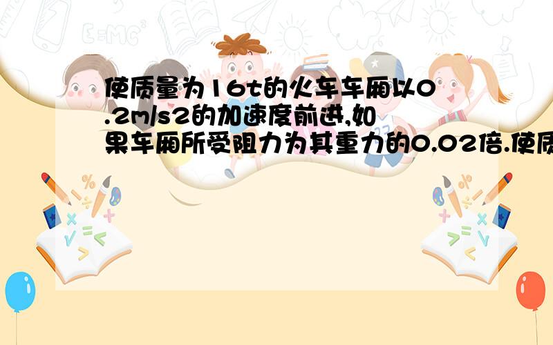 使质量为16t的火车车厢以0.2m/s2的加速度前进,如果车厢所受阻力为其重力的0.02倍.使质量为16t的火车车厢以0.2m/s2的加速度前进,如果车厢所受阻力为其重力的0.02倍,求车厢所受的拉力的大小.