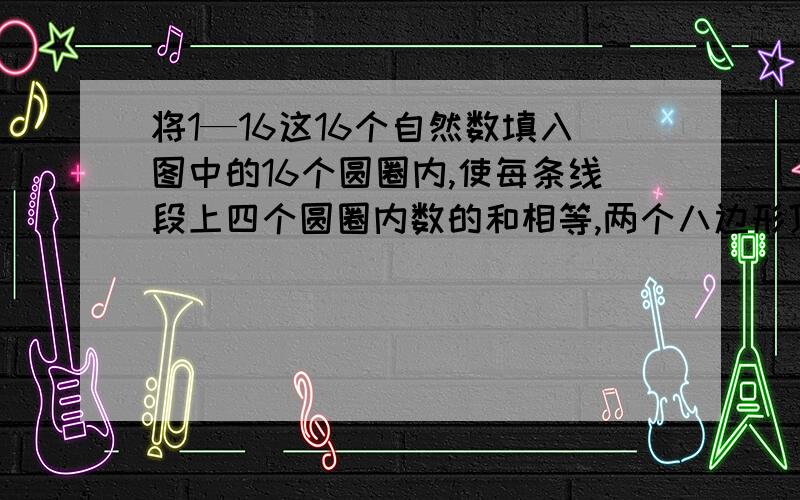 将1—16这16个自然数填入图中的16个圆圈内,使每条线段上四个圆圈内数的和相等,两个八边形顶点上的数的和也相等.