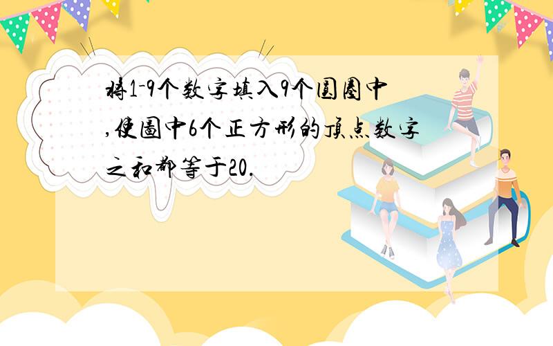 将1－9个数字填入9个圆圈中,使图中6个正方形的顶点数字之和都等于20.