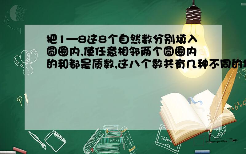 把1—8这8个自然数分别填入圆圈内,使任意相邻两个圆圈内的和都是质数,这八个数共有几种不同的填法?...把1—8这8个自然数分别填入圆圈内,使任意相邻两个圆圈内的和都是质数,这八个数共