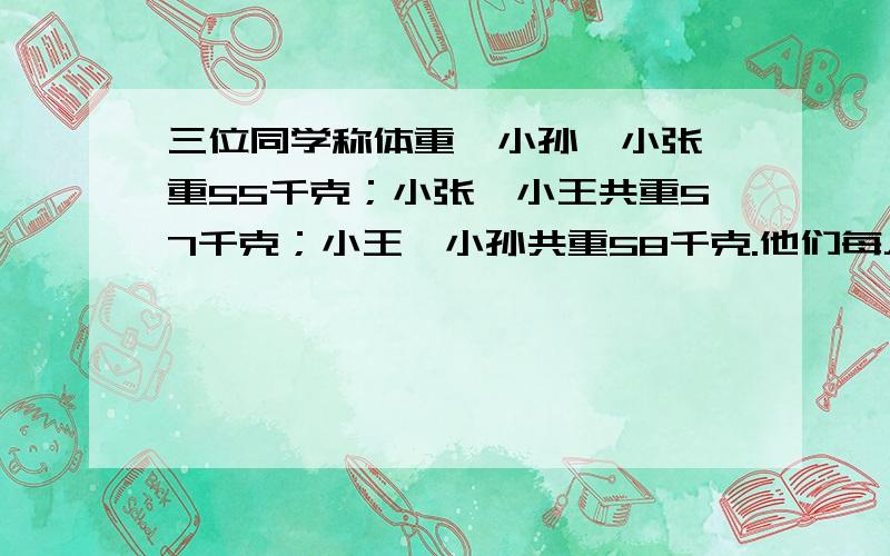 三位同学称体重,小孙、小张芣重55千克；小张、小王共重57千克；小王、小孙共重58千克.他们每人的体