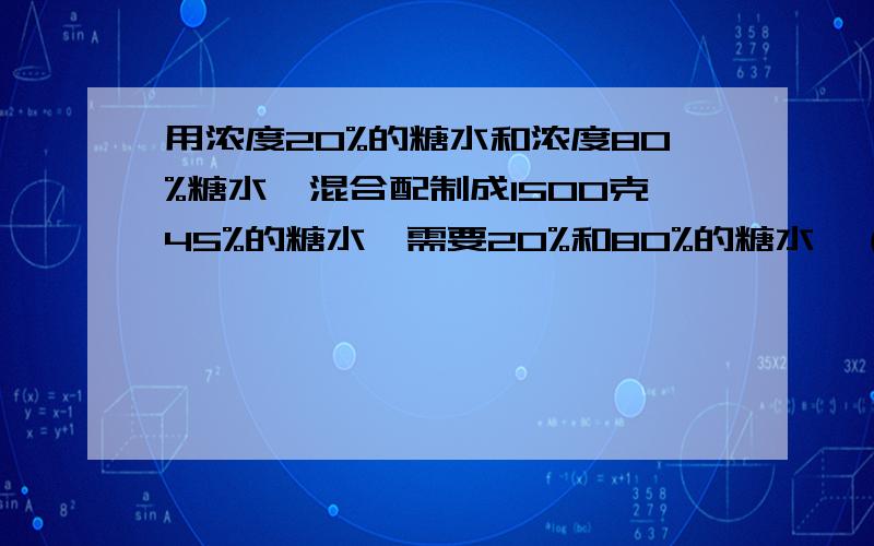 用浓度20%的糖水和浓度80%糖水,混合配制成1500克45%的糖水,需要20%和80%的糖水,（用方程）