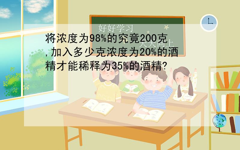 将浓度为98%的究竟200克,加入多少克浓度为20%的酒精才能稀释为35%的酒精?