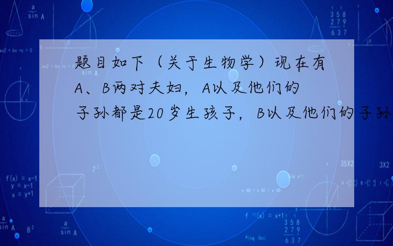 题目如下（关于生物学）现在有A、B两对夫妇，A以及他们的子孙都是20岁生孩子，B以及他们的子孙都是25岁生孩子，100年后，A和B的后代分别有（ ）和（ ）代。这就说明（ ）对控制人口（