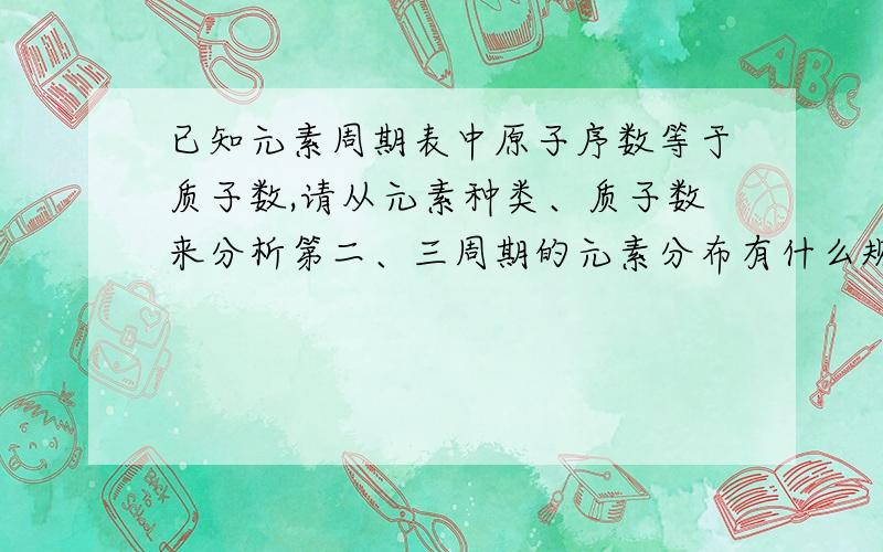 已知元素周期表中原子序数等于质子数,请从元素种类、质子数来分析第二、三周期的元素分布有什么规律