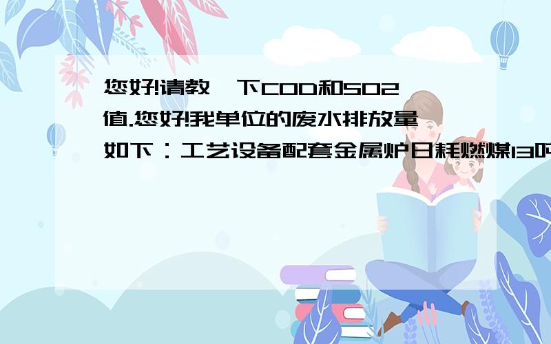 您好!请教一下COD和SO2值.您好!我单位的废水排放量如下：工艺设备配套金属炉日耗燃煤13吨,烟气排放总量约1800Nm3/h.2．废水：设备冲洗水、场地冲洗水和生活污水对受纳水体的影响.生产污水