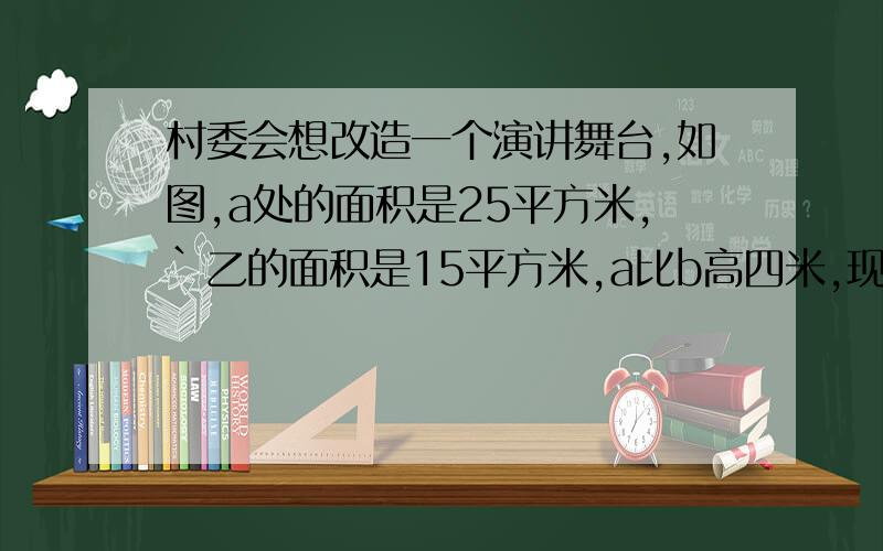 村委会想改造一个演讲舞台,如图,a处的面积是25平方米,`乙的面积是15平方米,a比b高四米,现要把a出的部分土推到b处,使ab两地同样高,试问a处,影推下几米高与b处一样高.急