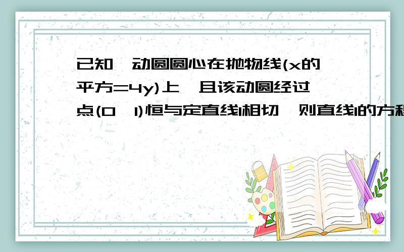 已知一动圆圆心在抛物线(x的平方=4y)上,且该动圆经过点(0,1)恒与定直线l相切,则直线l的方程为___?