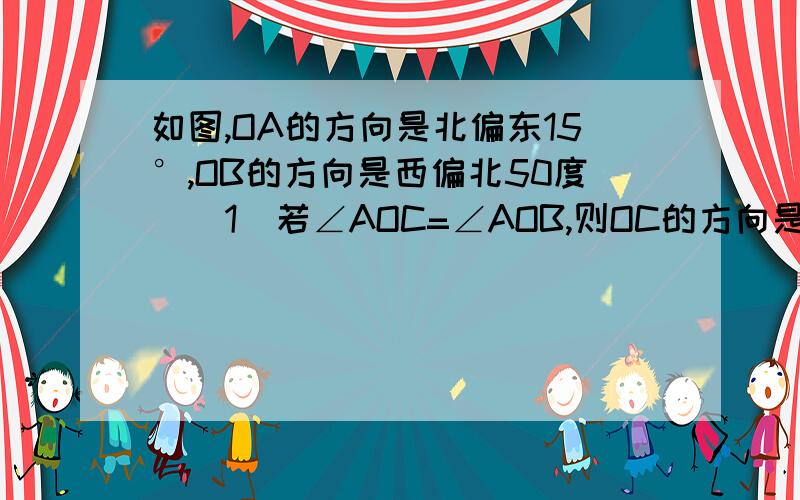 如图,OA的方向是北偏东15°,OB的方向是西偏北50度．（1）若∠AOC=∠AOB,则OC的方向是北偏东70°；（2）OD是OB的反向延长线,OD的方向是南偏东40°；（3）∠BOD可看作是OB绕点O逆时针方向至OD,作∠BOD