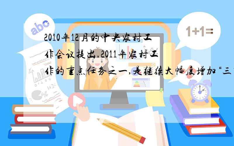 2010年12月的中央农村工作会议提出,2011年农村工作的重点任务之一,是继续大幅度增加“三农”投入,巩固和完善强农惠农政策.会议提出切实加强金融对“三农”的服务,引导金融机构加大涉农