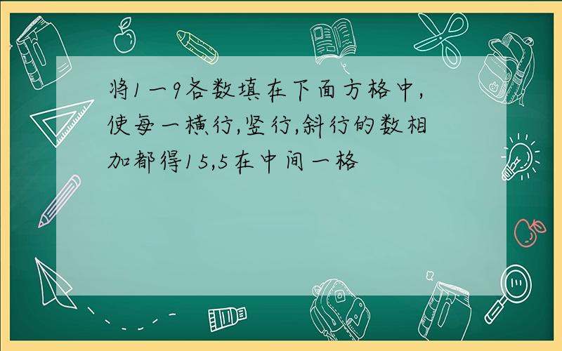 将1一9各数填在下面方格中,使每一横行,竖行,斜行的数相加都得15,5在中间一格