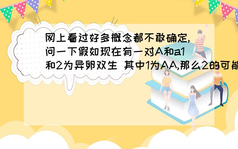 网上看过好多概念都不敢确定,问一下假如现在有一对A和a1和2为异卵双生 其中1为AA,那么2的可能性是什么,还有同卵双生呢,1是AA那么2也是AA?