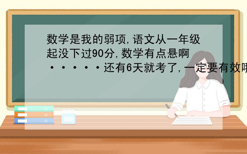 数学是我的弱项,语文从一年级起没下过90分,数学有点悬啊·····还有6天就考了,一定要有效哦~语文的随便来点就好.额,