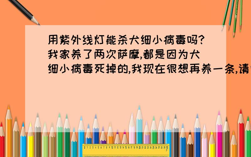 用紫外线灯能杀犬细小病毒吗?我家养了两次萨摩,都是因为犬细小病毒死掉的,我现在很想再养一条,请问,用紫外线灯能消灭这种病毒吗?我听人说一般这种病毒要存活一年的,那我也非常想尽快