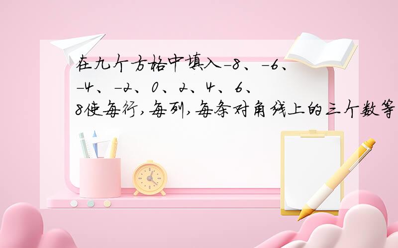 在九个方格中填入-8、-6、-4、-2、0、2、4、6、8使每行,每列,每条对角线上的三个数等于零